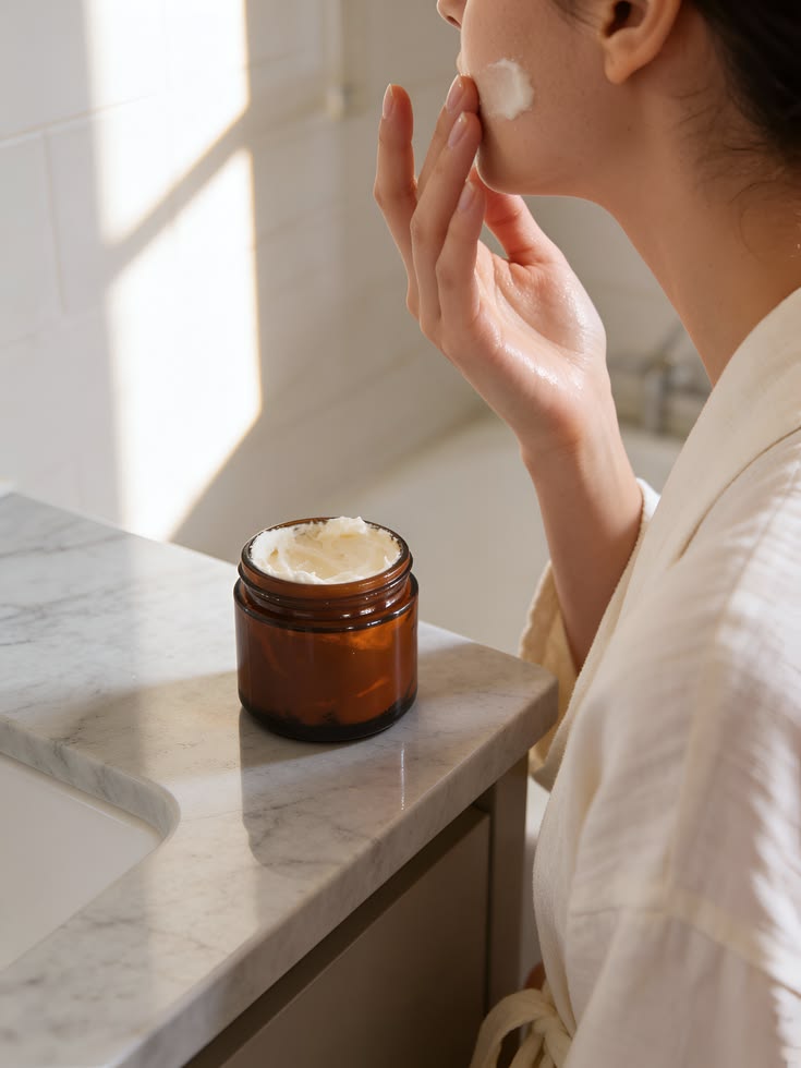 Woman applying Savage Balms organic beef tallow balm to her face as moisturizer