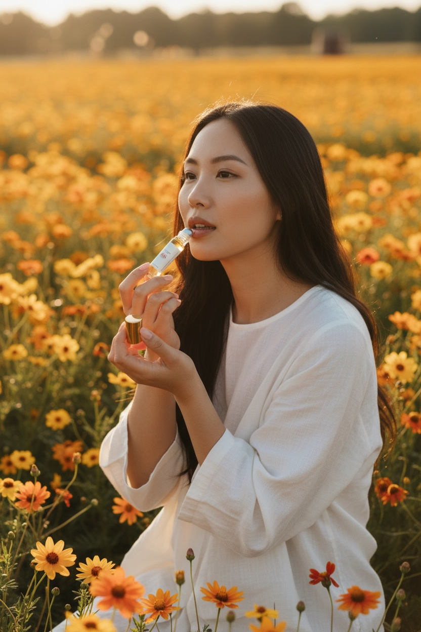 Woman in a white dress standing in a field of flowers, holding the Savage Balms lip oil in Divine Dew.